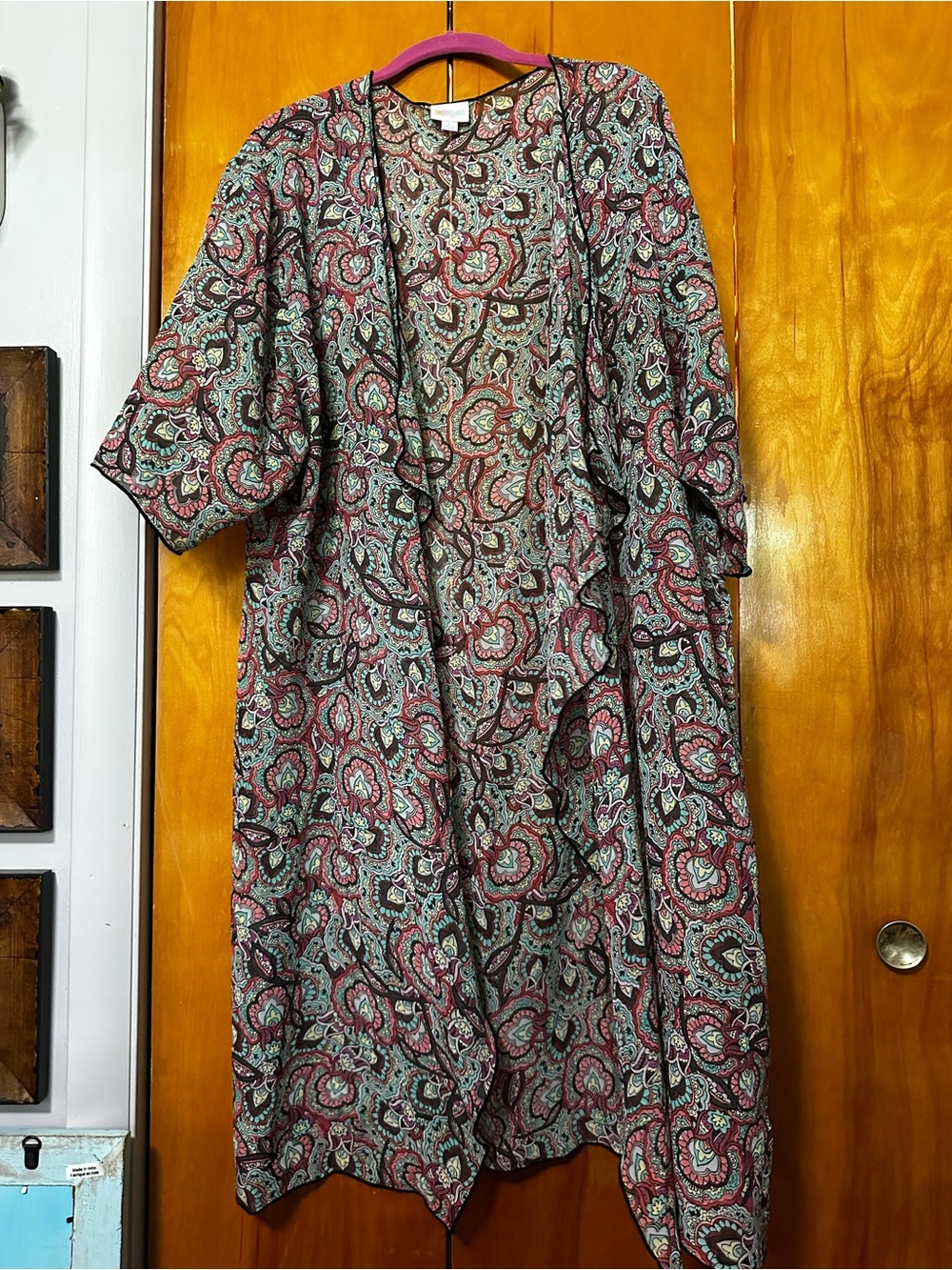 LuLaRoe Paisley Duster Jacket in Pink and Teal